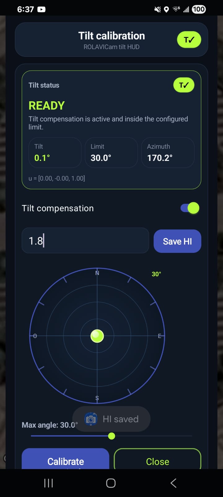 Captura original de Tilt calibration de ROLAVICam, estado READY y límite de 30 grados