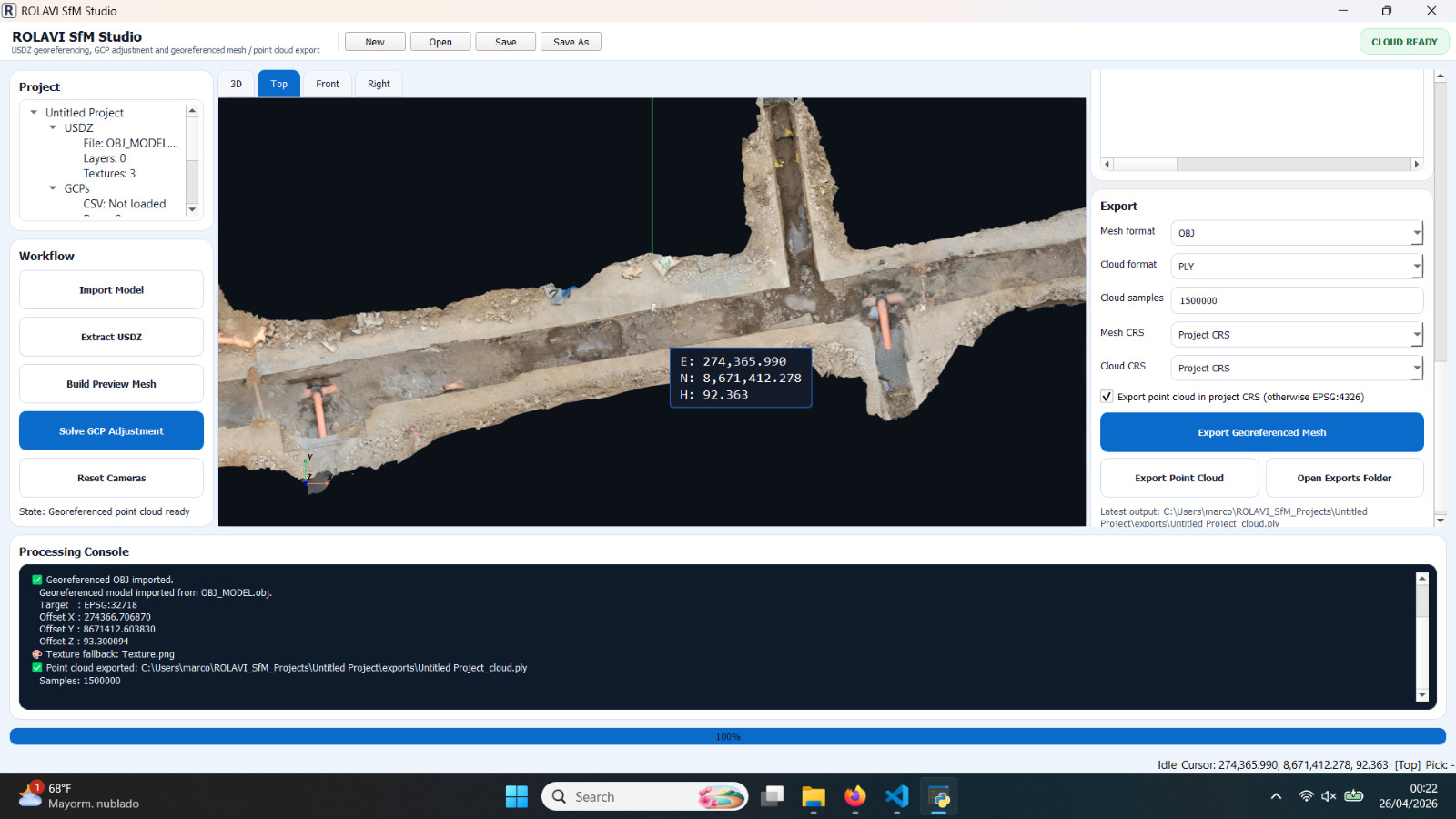 ROLAVI SfM Studio interface showing georeferenced model